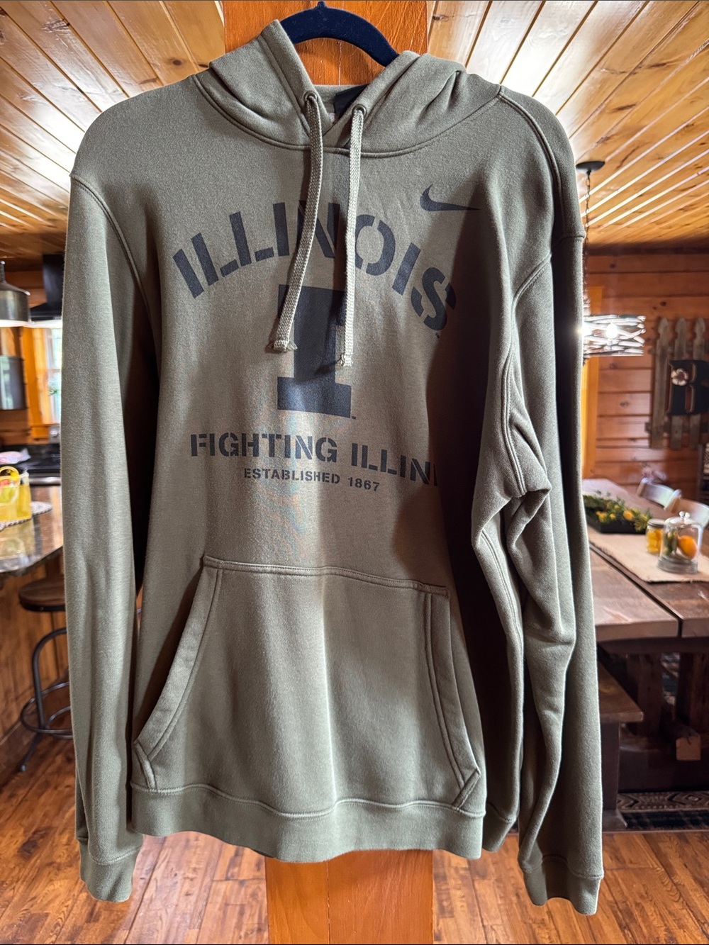 Nike Men’s Fighting Illini Olive Green Graphic Hoodie with Black Print